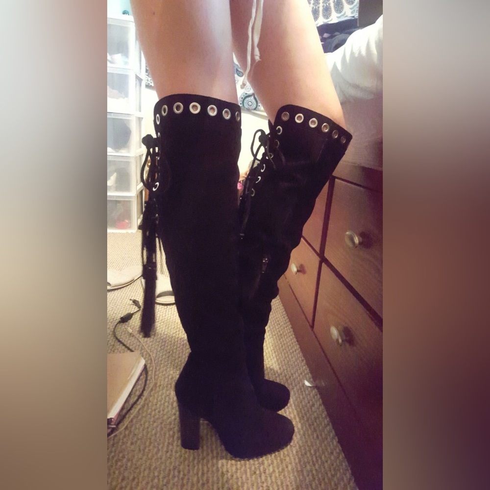 Nasty Gal Thigh High Suede Black Boots Lace Up Fringe Sz 8.5